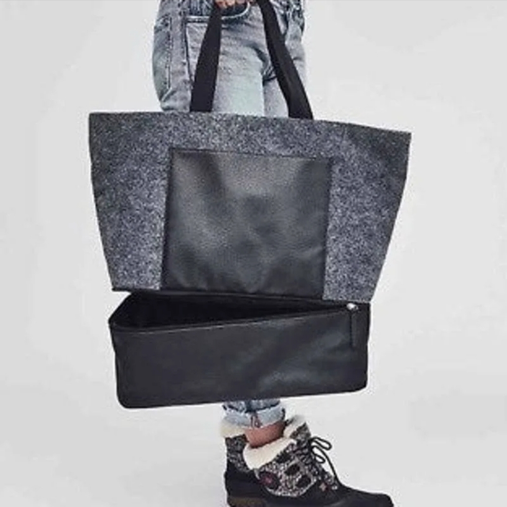 DSW Tote, Grey Wool, Black Textured Faux Leather